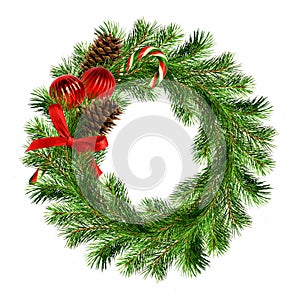 Christmas wreath from pine twigs with red silk ribbon bow, sweet stick, pines and decorative balls