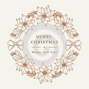 Christmas wreath Poinsettia flower, Floral wreath card. Elegant golden wreath with Christmas greetings. Vector