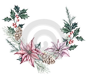 Christmas wreath of poinsettia, ilex branches with red berries and spruce twig, pine cone. Emerald holly leaves