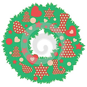 Christmas wreath with polka dot Christmas trees, stars, socks, b