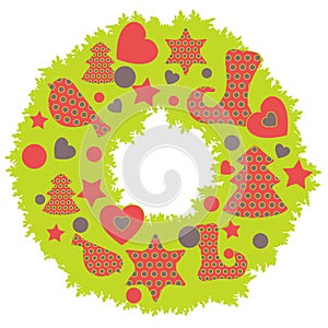 Christmas wreath with polka dot Christmas trees, stars, socks, b