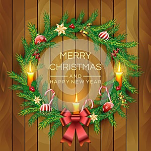 Christmas Wreath with red berries, candles, candy canes, bow, golden bell and balls on wooden board background. Vector