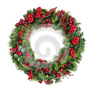 Christmas Wreath with Red Berries Isolated on White