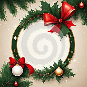 Christmas wreath with red bow and baubles. AI generated