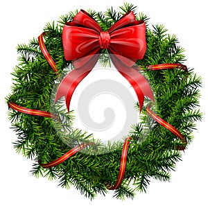 Christmas wreath with red bow and ribbon