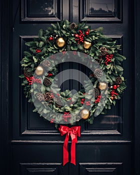 Christmas Wreath with red and golden balls on a wooden front door