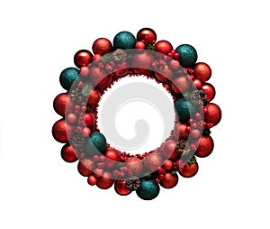 Christmas wreath with red and green festive decor isolated on a white background. Beautiful New Year wreath with berries, balls