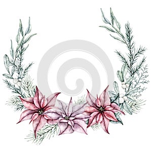 Christmas wreath of red poinsettia flower, eucalyptus, snowberry and evergreen tree fir, cedar. Botanical Winter floral