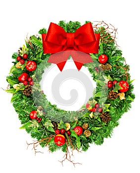 Christmas wreath with red ribbon bow isolated on white