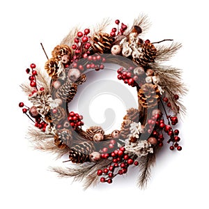 christmas wreath, red ribbon bow, isolated on white background