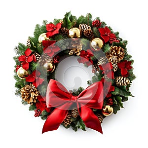 christmas wreath, red ribbon bow, isolated on white background