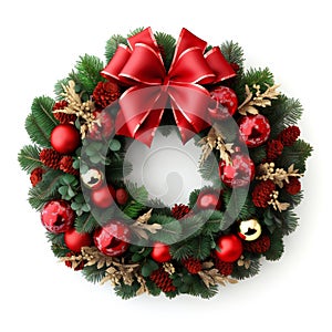 christmas wreath, red ribbon bow, isolated on white background