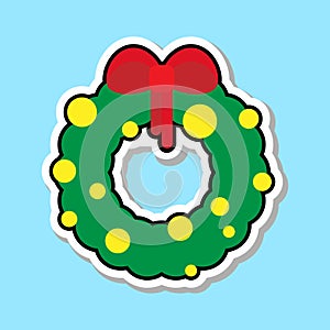 Christmas Wreath With Red Ribbon Icon Isolated Over Blue Background Sticker Holiday Decoration Concept