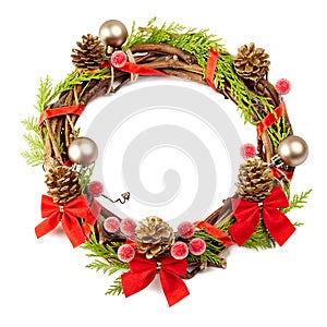 Christmas wreath with red ribbon,pine cones and golden decorati