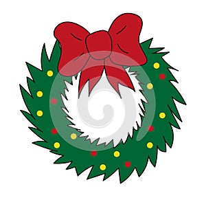 Christmas wreath with red ribbon and sparkles holiday element. Vector icon and sticker. Winter seasonal concept. Traditional desig