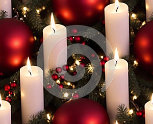 A Christmas wreath with red and white candles, surrounded by evergreen branches. - seamless and tileable