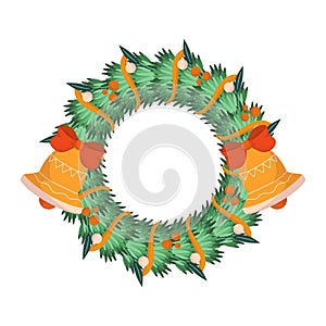 Christmas Wreath, Round Decorative Frame of Spruce Branches Isolated on White Background. Traditional Xmas Decor