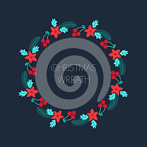 Christmas wreath with rowanberry,fir branches, poinsettia. Cute round frame for Christmas cards, invitations, print and winter des