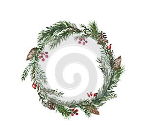 Christmas wreath in rustic style. Watercolor greenery, pine branches, pine cones,red berry. Decorative winter frame on white