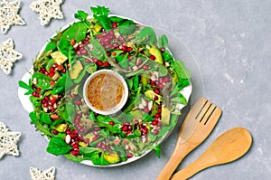 Christmas Wreath Salad with Pomegranate, Avocado, Salad Mix, Almond and Honey-Mustard Dressing, Healthy Eating