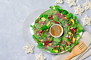 Christmas Wreath Salad with Pomegranate, Avocado, Salad Mix, Almond and Honey-Mustard Dressing, Healthy Eating