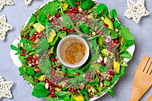 Christmas Wreath Salad with Pomegranate, Avocado, Salad Mix, Almond and Honey-Mustard Dressing, Healthy Eating