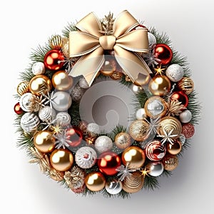 Christmas wreath with shiny baubles anr ribbon. Ornate wreath for winter holidays. Generated AI.