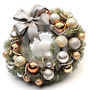 Christmas wreath with shiny baubles anr ribbon. Ornate wreath for winter holidays. Generated AI.