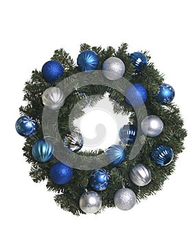 Christmas Wreath with Silver and Blue Ornaments on White Background