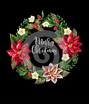 Christmas wreath with slogan, golden elements, branches and flowers. Vector illustration.