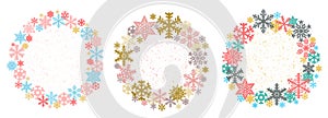 Christmas wreath of snowflakes, set. Beautiful winter frames for text. Vector illustration