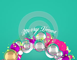 Christmas Wreath with spheres at bottom and green background, merry xmas.