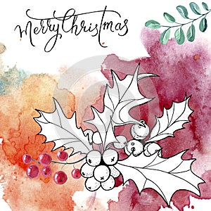 Christmas wreath with sprigs of mistletoe on watercolor spot. Winter holiday theme. suitable for postcards, posters, web