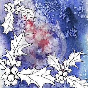 Christmas wreath with sprigs of mistletoe on watercolor spot. Winter holiday theme. suitable for postcards, posters, web