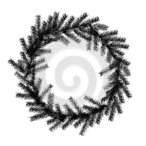 Christmas wreath in the style of a sketch of a Christmas tree and cones isolated on white background.