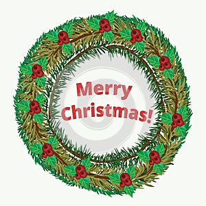 Christmas wreath of tree branches with mistletoe and inscription