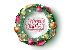 Christmas wreath vector design. Merry christmas greeting text in wreath element with balls, snowflakes and leaves xmas elements.