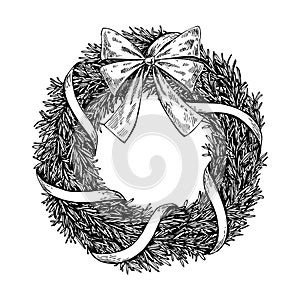 Christmas wreath. Vector hand drawn illustration with fir tree b