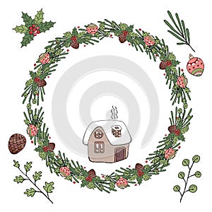Christmas wreath. Vector illustration. Isolated on white background.