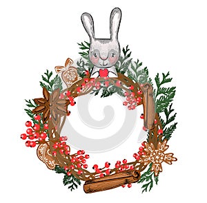 Christmas wreath. Vector illustration isolated on white background. New Year`s hare. Coniferous branches and decorations