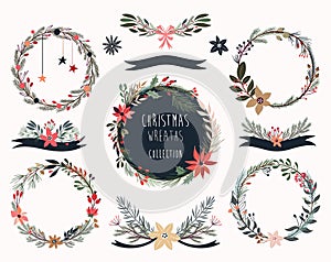 Christmas wreaths collection, hand drawn floral arrangements