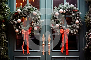 Christmas wreaths on the front doors of the house