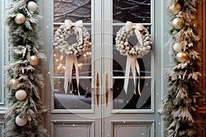 Christmas wreaths on the front doors of the house