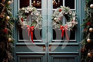 Christmas wreaths on the front doors of the house