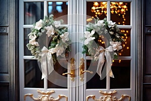 Christmas wreaths on the front doors of the house