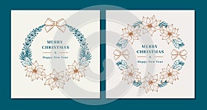 Christmas wreaths with poinsettia flowers. Merry Christmas and Happy New Year greeting card, Floral wreath. Elegant