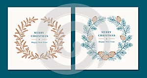 Christmas wreaths, Winter wreaths of fir and pine cones. Merry Christmas and Happy New Year greeting. Elegant minimal