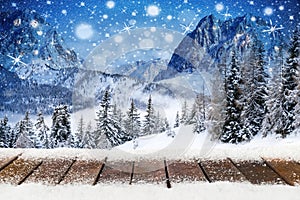 Christmas xmas background with wooden snowy planks