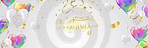 Christmas. Xmas holiday lettering design. Vector party balloons illustration. Confetti and ribbons flag ribbons, Celebration