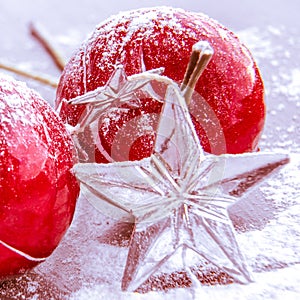Christmas, Xmas - Red Baubles Decorated And Snowflakes In Snowing Background